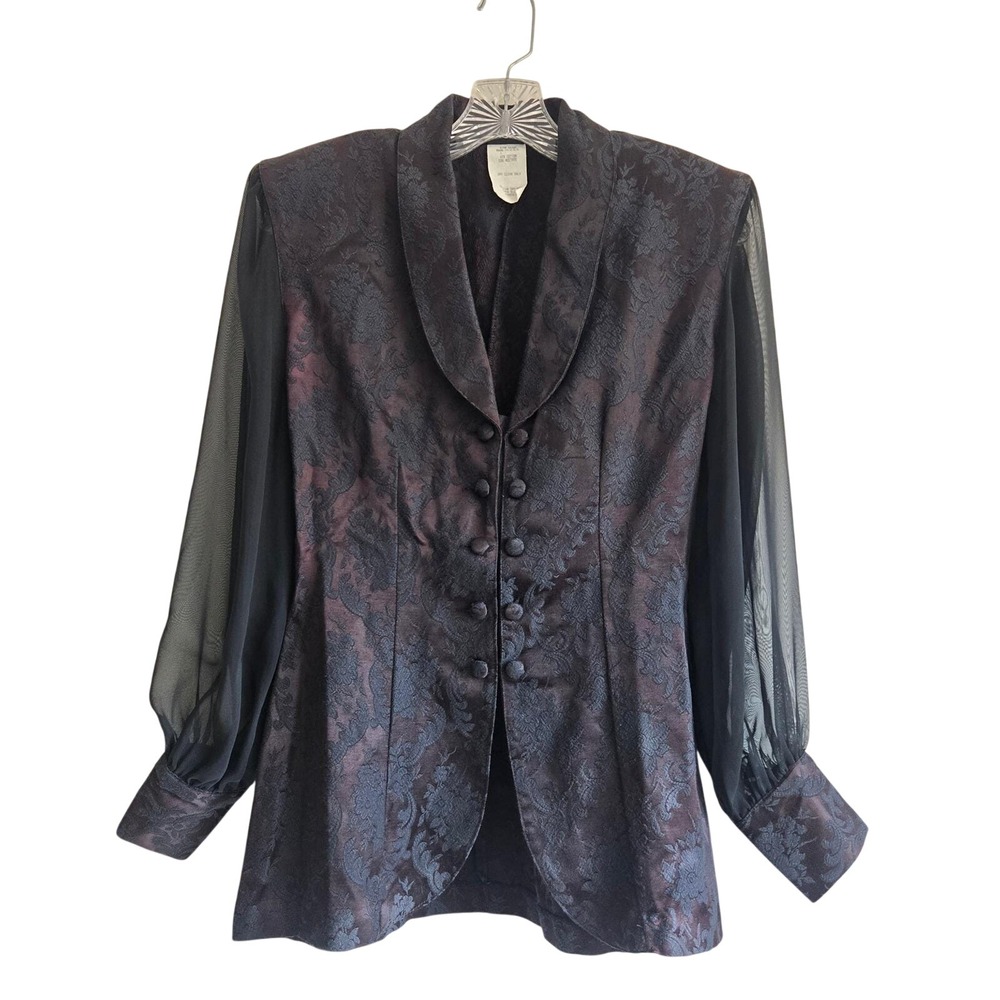 Judy Knapp Small Evening Top Women Black Plum Jacquard Sheer Sleeve Flawed